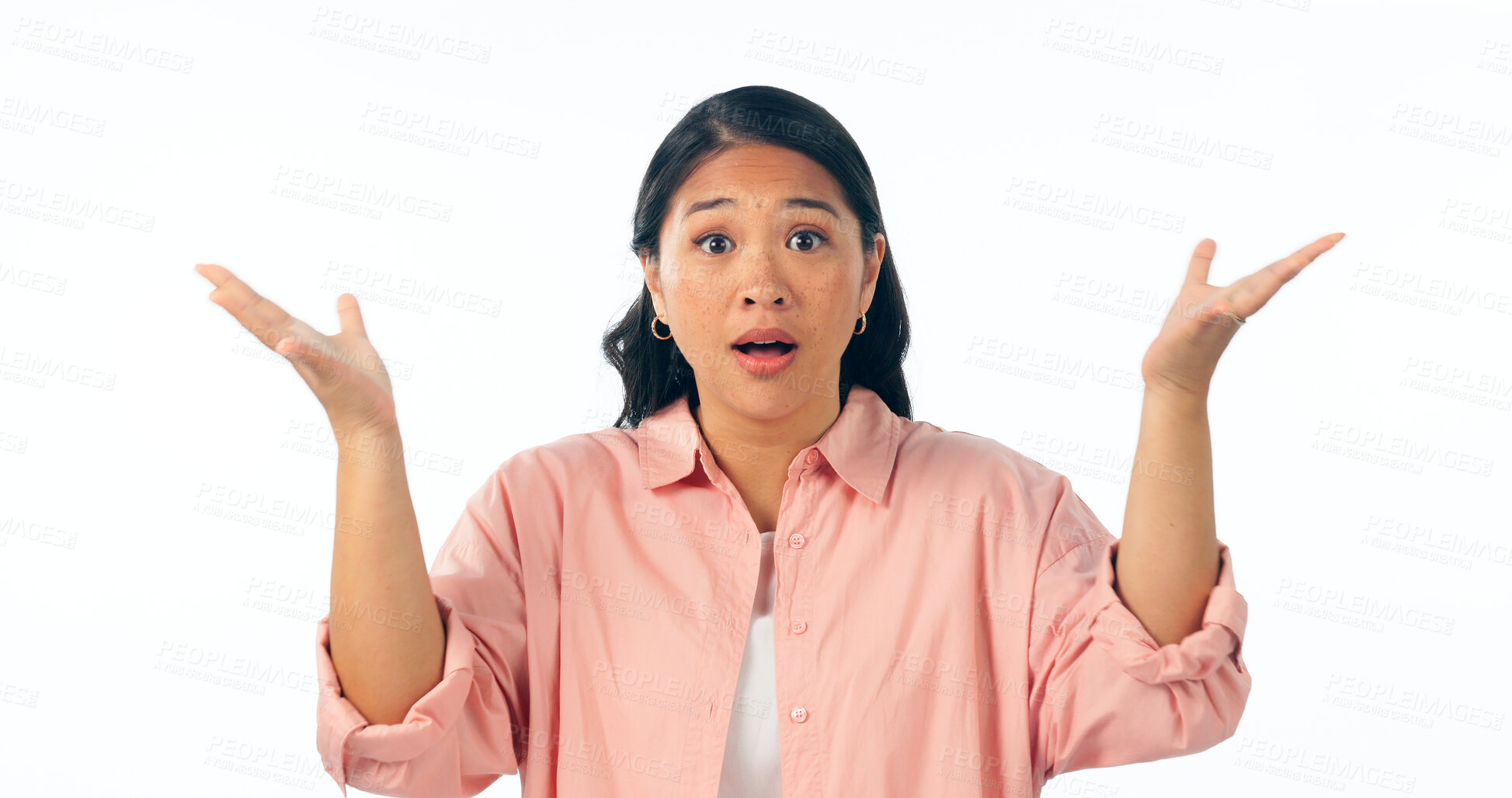 Buy stock photo Wow, surprise and portrait of woman with why hands in studio with news, announcement or promo on white background. Omg, shocked and face Japanese model with emoji gesture for wtf, mind blown or info