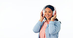 Headphones, happy and woman in listening to music, playlist and podcast for entertainment. Smile, asian female and calm relax to stream a song, online radio and isolated on transparent png background