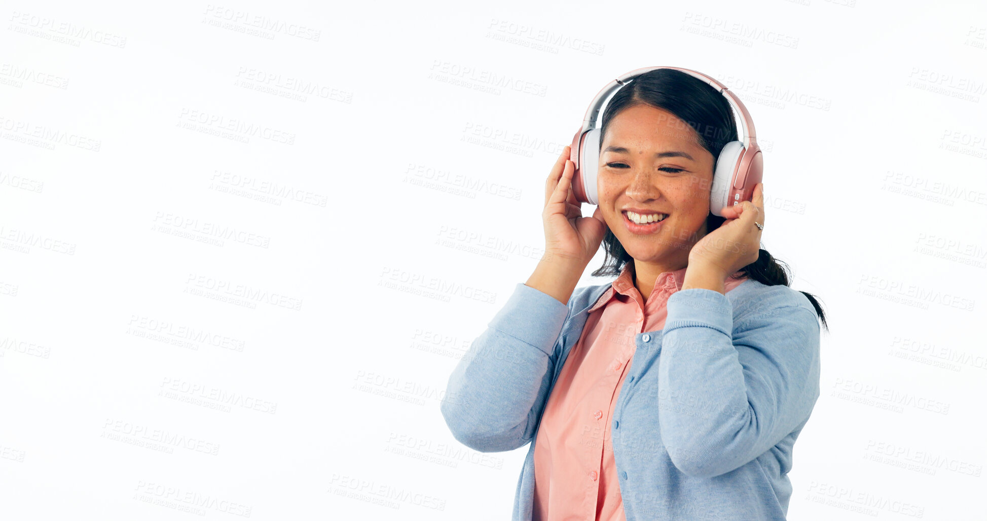 Buy stock photo Headphones, happy or woman in listening to music, playlist or podcast for entertainment. Smile, asian female and relax to stream a song, online radio subscription and technology by white background