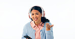 Woman, confused and smartphone in portrait in headphones, music and streaming in question in studio mockup. Young person, asian and doubt on face, audio playlist and online radio by white background