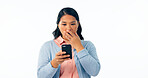 Phone, wow and woman in studio with emoji surprise for fake news, social media or chat on white background. Smartphone, notification and Asian model with omg gesture for sign up, app or hacker alert