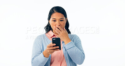 Buy stock photo Phone, wow and woman in studio with emoji surprise for fake news, social media or chat on white background. Smartphone, notification and Asian model with omg gesture for sign up, app or hacker alert