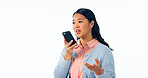 Woman, communication and phone call with speaker in studio for voice app, sound translation or contact on white background. Asian model, mobile network or microphone for audio, speech or mockup space