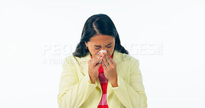 Buy stock photo Sinusitis, allergy and sick woman with healthcare in studio, mockup space or white background. Bacteria, infection or person with flu, virus or medical symptoms of covid, cold or employee sneezing