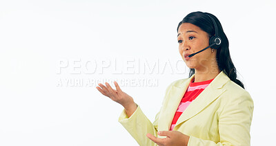 Buy stock photo Business woman, call center and customer service, e commerce support or communication on studio banner. Professional asian consultant or agent talking with headphones for advice on a white background