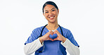Happy asian woman, portrait and doctor with heart hands for love in healthcare against a white studio background. Female person, medical nurse or professional cardiologist with like emoji or yes