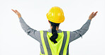 Back, engineer and woman in presentation for construction isolated on a white background. Rear view, architect and professional designer in helmet, building demonstration or advertising mockup space
