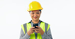 Engineering, woman and phone for construction chat, communication and project management in studio. Asian contractor or builder typing on mobile for architecture design update on a white background