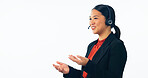 Call center, space and woman in studio for customer service, FAQ support or IT questions on mockup white background. Happy asian telemarketing consultant, assistant or microphone for telecom advisory