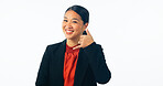 Woman, call me and sign on portrait with smile, studio mockup and communication for announcement. Asian person, happy or face with calling emoji or social connect, voice promotion or white background