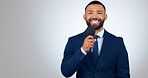 Portrait, microphone and corporate businessman in studio with smile, pride and professional news anchor. Happy man, reporter or broadcast journalist with mic on white background with mock up space.