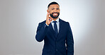 Portrait, yes and corporate businessman in studio with smile, ok gesture for deal announcement and mockup space. Thank you, agreement and happy man with gratitude, opinion or vote on white background