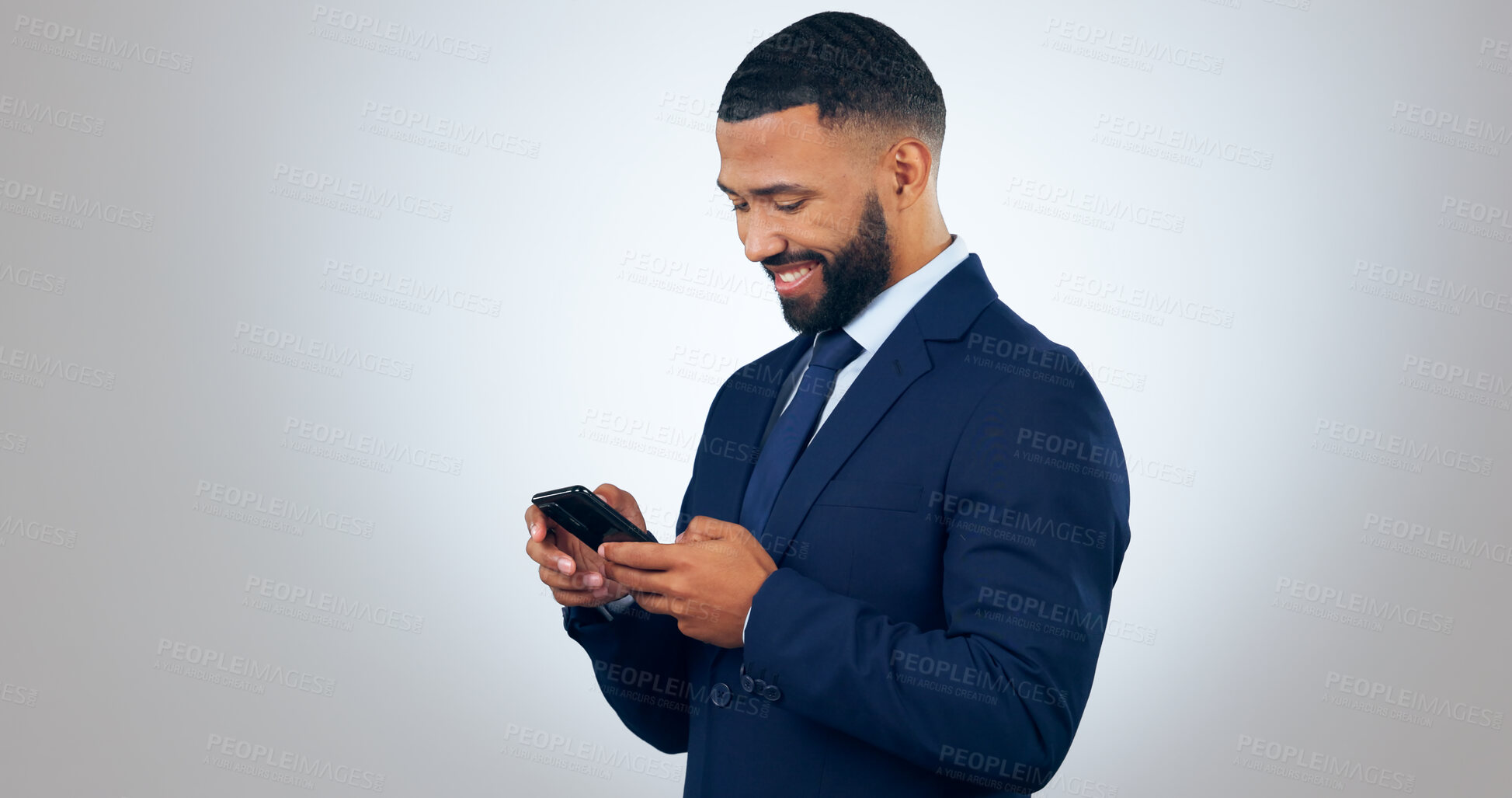 Buy stock photo Phone, typing and business man in studio for internet, browse website and social media. Corporate, professional and person on smartphone for research, online data and networking on gray background