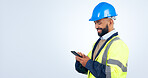 Engineering, man and phone for construction chat, communication and project management in studio. Contractor or builder typing on mobile with architecture update, banner mockup and a white background