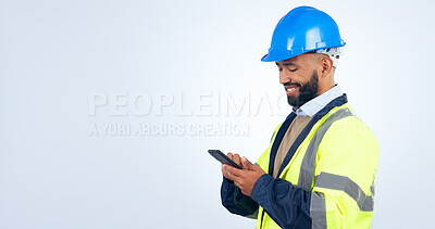 Buy stock photo Engineering, man and phone for construction chat, communication and project management in studio. Contractor or builder typing on mobile with architecture update, banner mockup and a white background