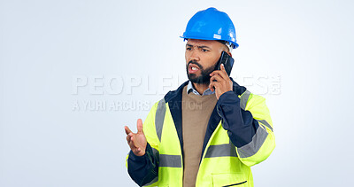 Buy stock photo Frustrated man, architect and phone call for construction or discussion against a studio white background. Serious male person, contractor or engineer talking on mobile smartphone in conversation