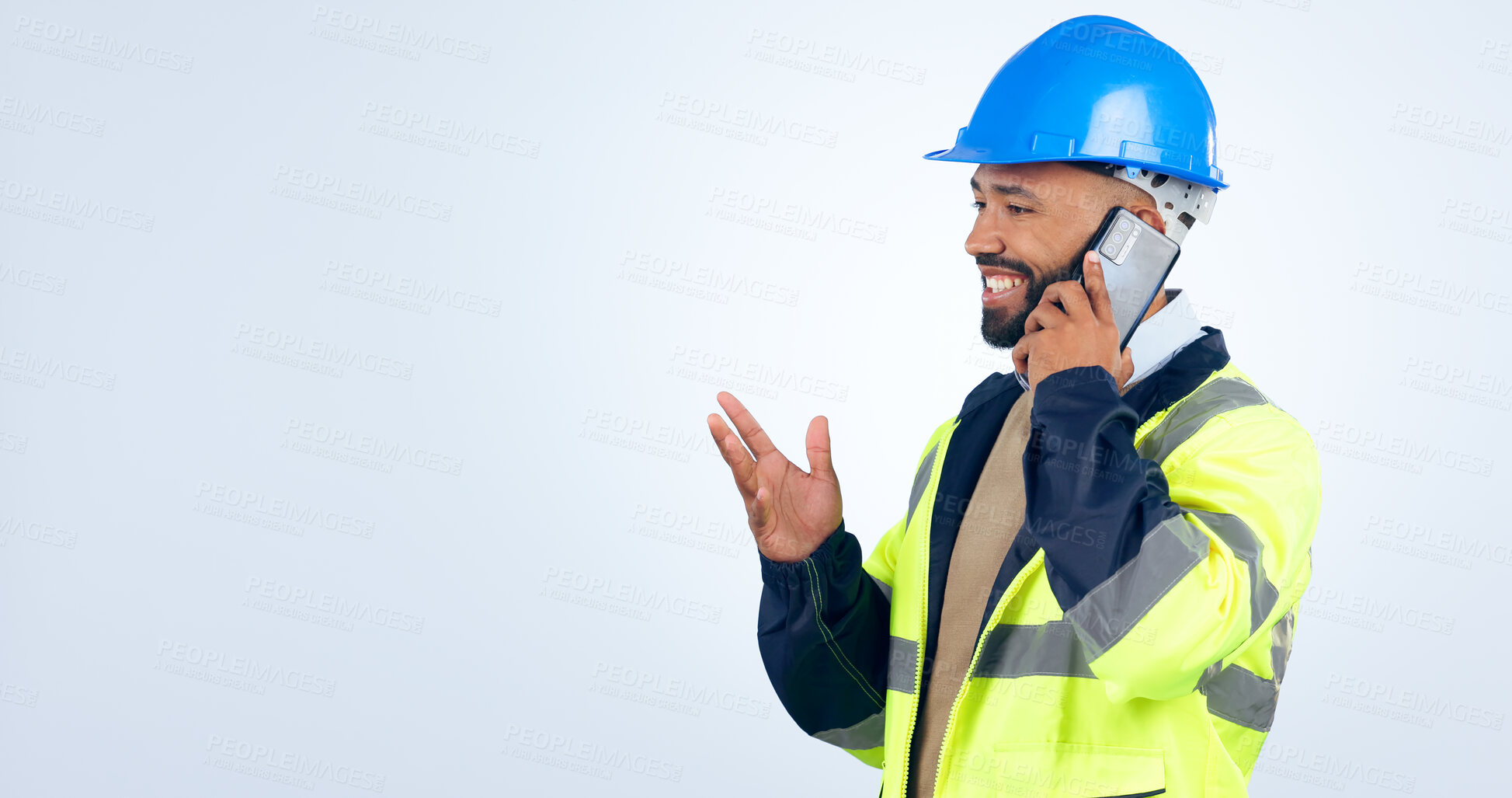 Buy stock photo Engineering, man and phone call for communication, construction update or planning on studio mockup. Builder or worker talking on mobile or architecture advice on a white background and contact
