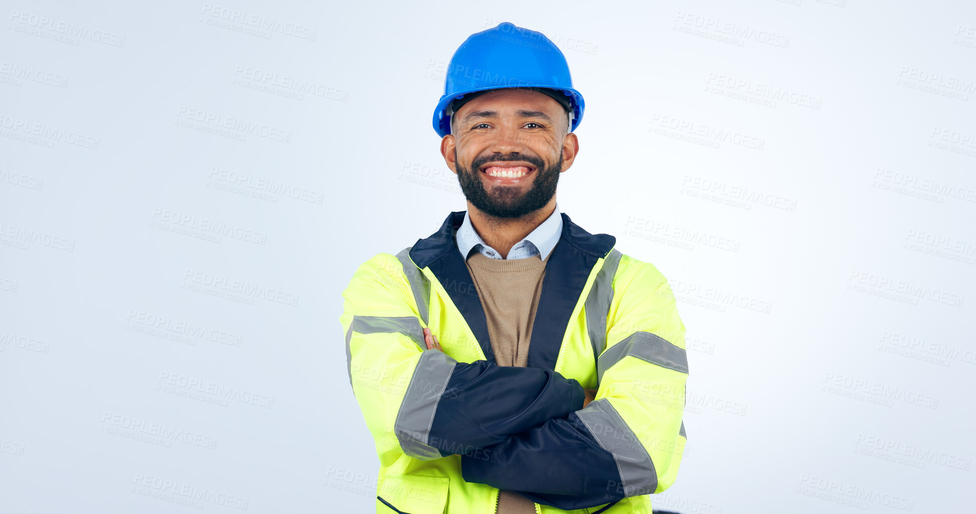 Buy stock photo Happy man, portrait and professional architect in confidence with arms crossed on a studio white background. Male person, contractor or engineer smile with hard hat for construction on mockup space