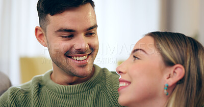 Buy stock photo Happy couple, man and woman with smile in living room for bond, romance or love in relationship. Husband, wife and together in excitement for future with trust, care and support for marriage in home