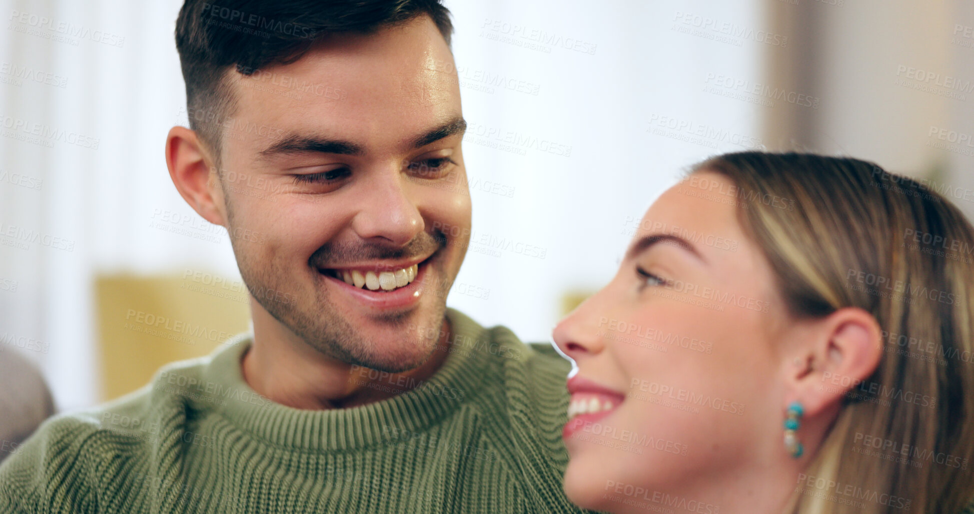 Buy stock photo Happy couple, man and woman with smile in living room for bond, romance or love in relationship. Husband, wife and together in excitement for future with trust, care and support for marriage in home