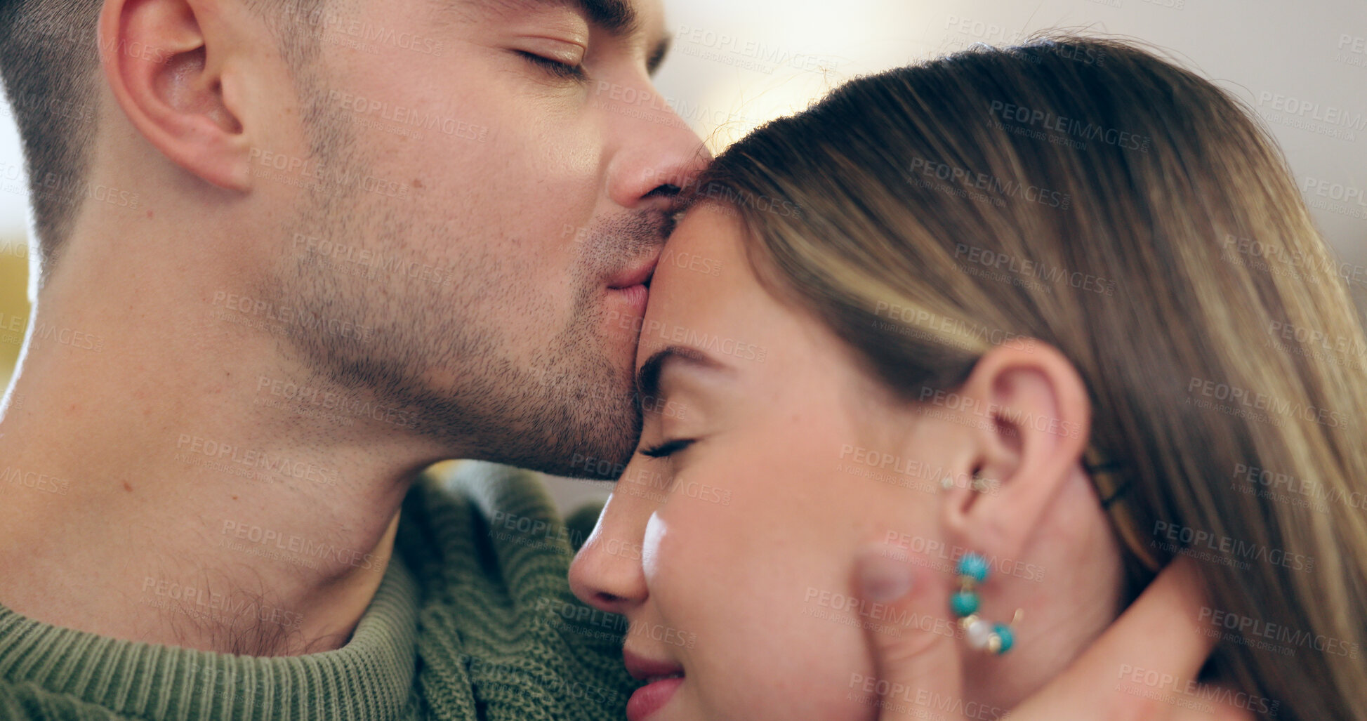 Buy stock photo Couple, kiss and forehead for love, support and trust in relationship, romance and security in marriage. Happy people, connection and commitment or gratitude, bonding and hug or affection in closeup