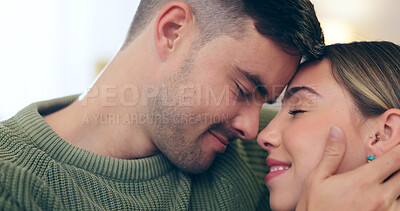 Buy stock photo Love, happy and young couple bonding at apartment on a romantic date with intimate moment. Smile, positive and man and woman from Canada with cute affection for romance together at modern home.