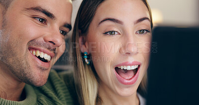 Buy stock photo Happy couple, sofa and tablet in home, relax and excited for reading web blog, movie or funny meme in living room. Man, woman and digital touchscreen with comic laugh for social media post in lounge