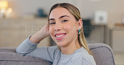 Buy stock photo Portrait, smile and woman on sofa in home living room, relax in house or apartment. Face, happy person or girl on couch in lounge, sitting alone in comfort or cheerful, wellness or peace in Australia