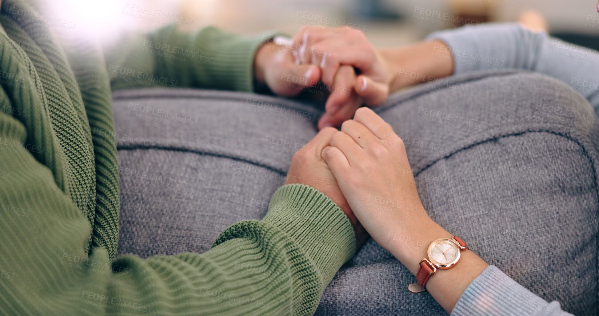 Buy stock photo Closeup, home and couple with love, holding hands and support with romance, bonding together and relax. Romantic, man and woman with connection, affection and marriage with relationship and apartment