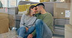 Real estate, forehead touch and couple in new home, living room and apartment together. Intimate, love of man and woman in property, happy and moving in to rent house, mortgage loan and investment