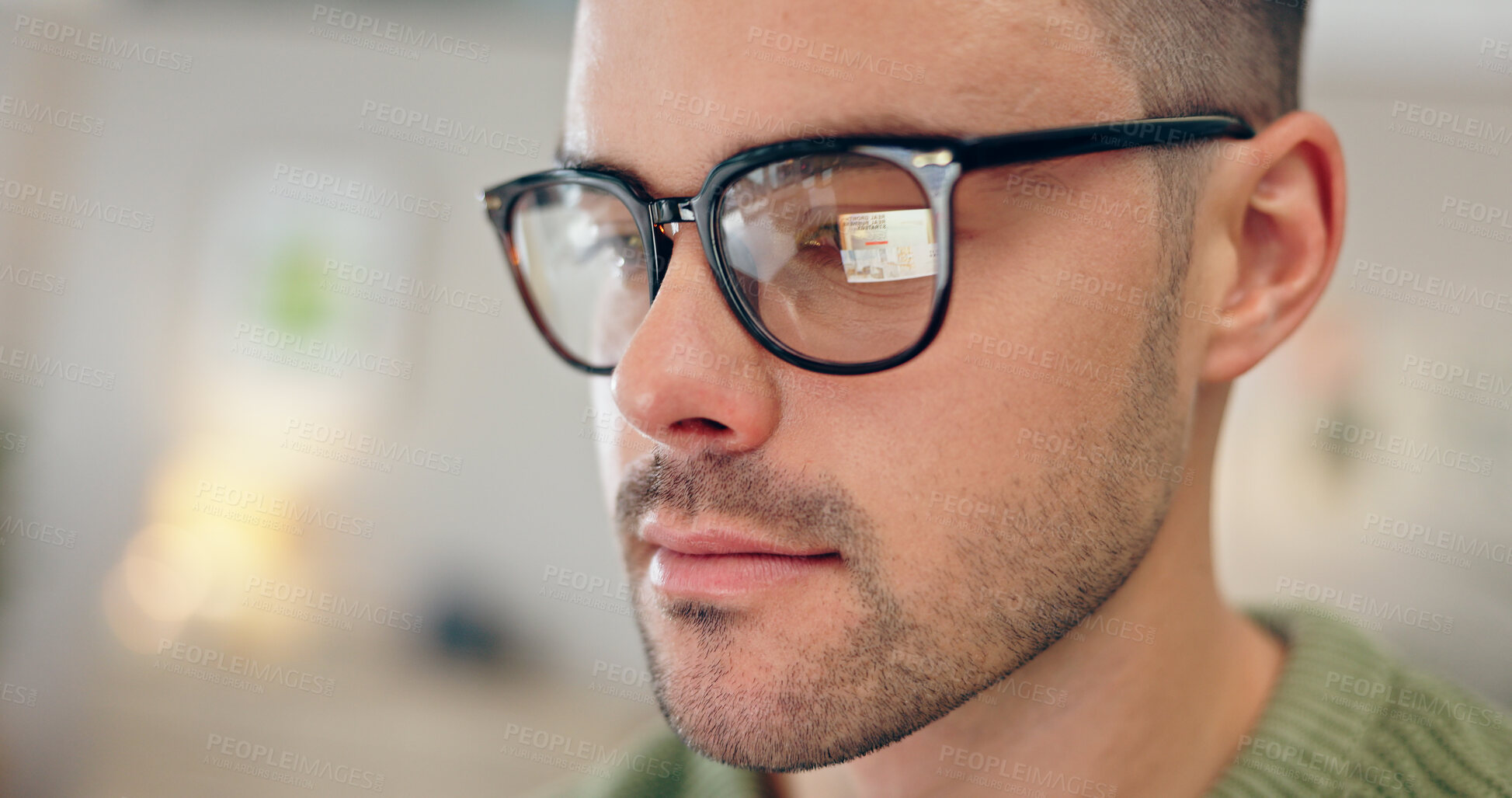 Buy stock photo Glasses, reading screen and face of man online for website, internet and research for remote work. Freelance, working from home and closeup of person on laptop or computer for planning schedule