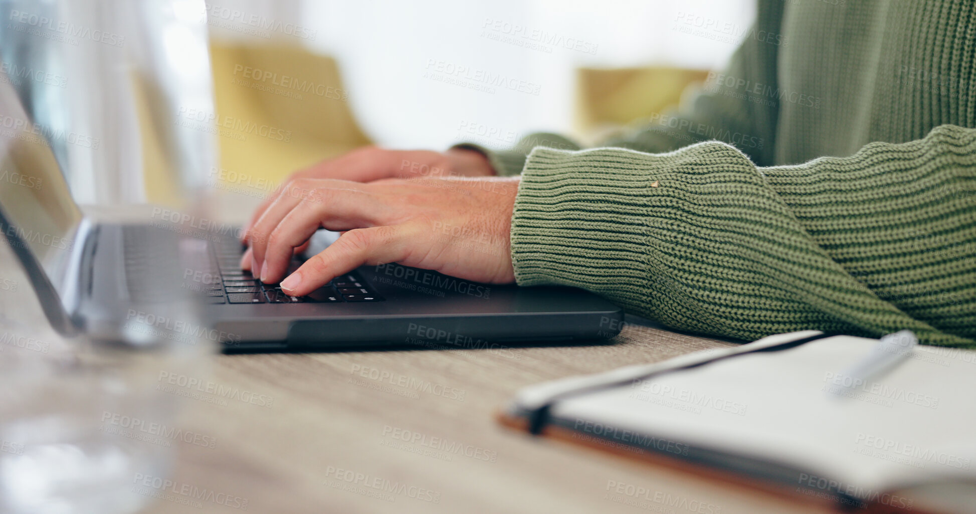 Buy stock photo Hands, laptop and remote work with a business person typing on a keyboard closeup in a home office. Computer, desk and email communication with an employee in an apartment for online networking