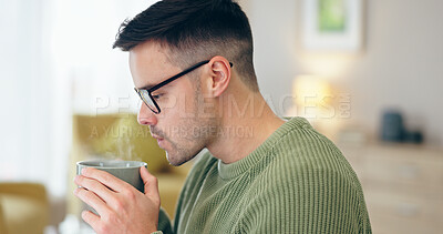 Buy stock photo Closeup, man and drinking of coffee in home for relaxing, comfort or delicious taste in morning. Person, male entrepreneur and glasses for remote work with steam for espresso, latte or cappuccino