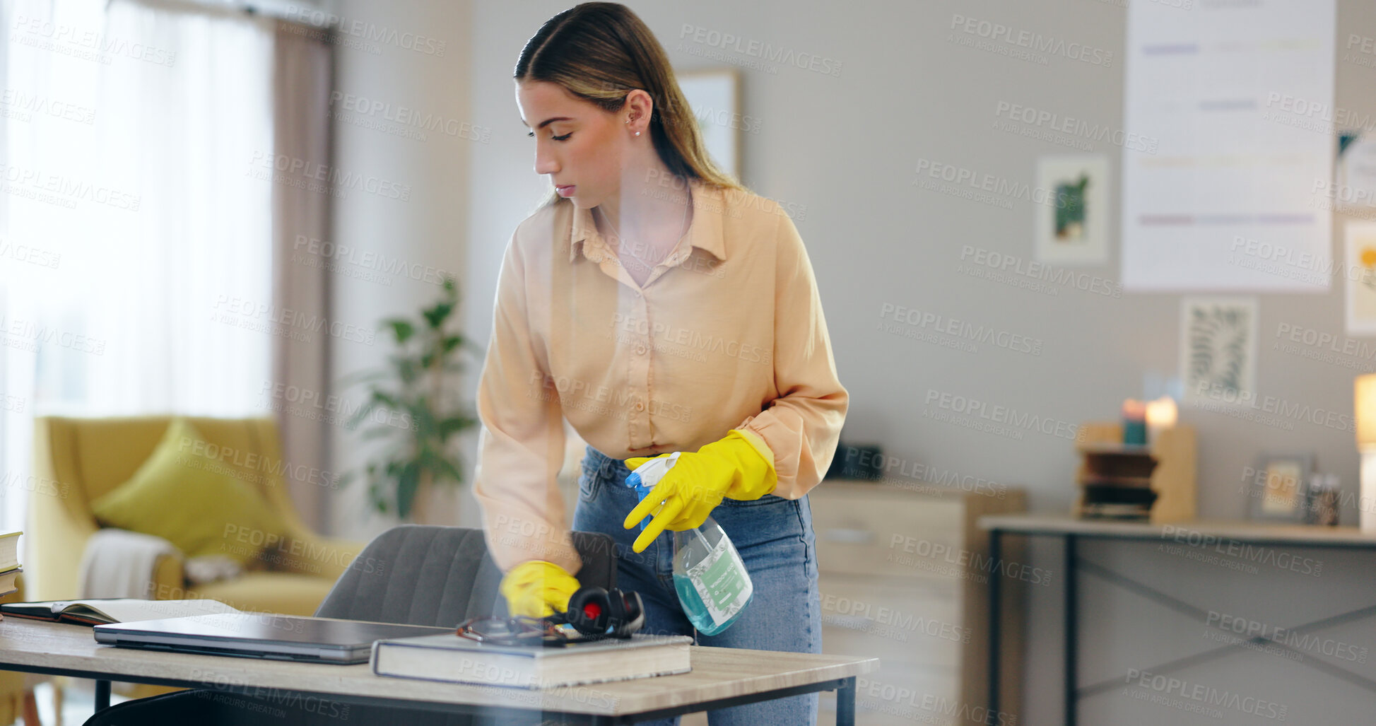 Buy stock photo Woman, spray bottle and cleaning table in house, disinfection and maintenance service or fluid. Female person, gloves and antibacterial or detergent, chemical and hygiene or bacteria in home office