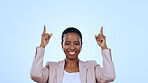 Portrait, happy black woman or pointing up to offer, announcement or advertising news. Studio, blue background or business person isolated to show marketing of promotion, sale or commercial review