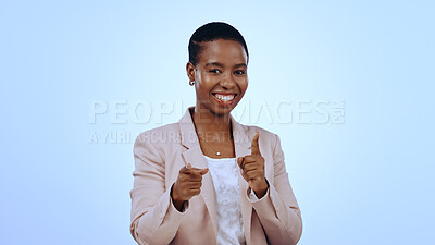 Buy stock photo Business woman, portrait and pointing to you in studio for choice, onboarding decision and invitation on blue background. Happy african worker show fingers for HR offer, recruitment and hiring emoji