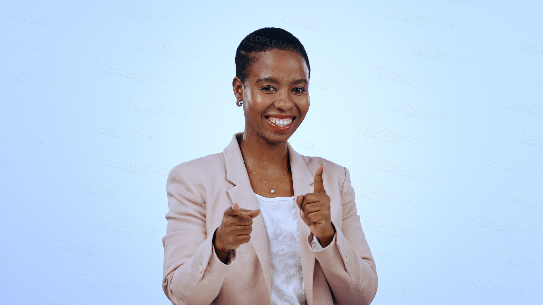 Buy stock photo Business woman, portrait and pointing to you in studio for choice, onboarding decision and invitation on blue background. Happy african worker show fingers for HR offer, recruitment and hiring emoji