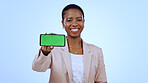 Business woman, portrait or phone green screen mockup for social media advertising or review. Blue background, happy or African lady with chromakey on mobile app display for marketing space in studio
