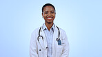 Portrait, happy woman and doctor with smile in studio for healthcare mockup on blue background in Cape Town. Black person, medical professional and excitement for career, choice and medicine for care