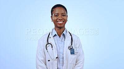 Buy stock photo Portrait, happy woman and doctor with smile in studio for healthcare mockup on blue background in Cape Town. Black person, medical professional and excitement for career, choice and medicine for care