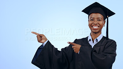 Buy stock photo Graduate, portrait or pointing for presentation in studio with smile, announcement or advertising. Black woman, face or excited for marketing, showing deal or discount with hand and joy on mockup