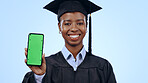 Graduate, woman and phone green screen for university marketing, contact or information on blue background. Portrait of graduation student with mobile app mockup, e learning and education in studio
