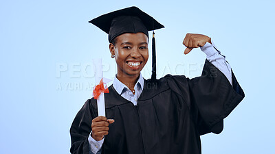 Buy stock photo Graduation student, woman power and learning motivation, education or study goals and success in studio. Portrait of african graduate and diploma, hard work or fist for achievement on blue background