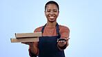 Woman, pizza boxes and payment machine for delivery, e commerce, and POS customer service on blue background. Portrait of african cashier and fast food order, fintech or digital transaction in studio