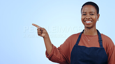 Buy stock photo Woman, portrait and pointing for presentation in studio with smile, announcement or advertising space. Black person, face and smile for marketing, showing deal or discount with hand and joy on mockup