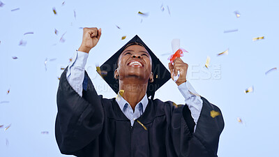 Buy stock photo Graduation, woman student and confetti celebration, success and achievement of college or university in studio. Excited African graduate with award, diploma and yes for education on a blue background