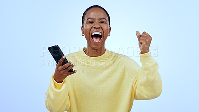 Buy stock photo Woman, phone and wow for happy news, social media competition or giveaway success on a blue background. Portrait of African person with surprise, excited and yes for sale or bonus on mobile in studio