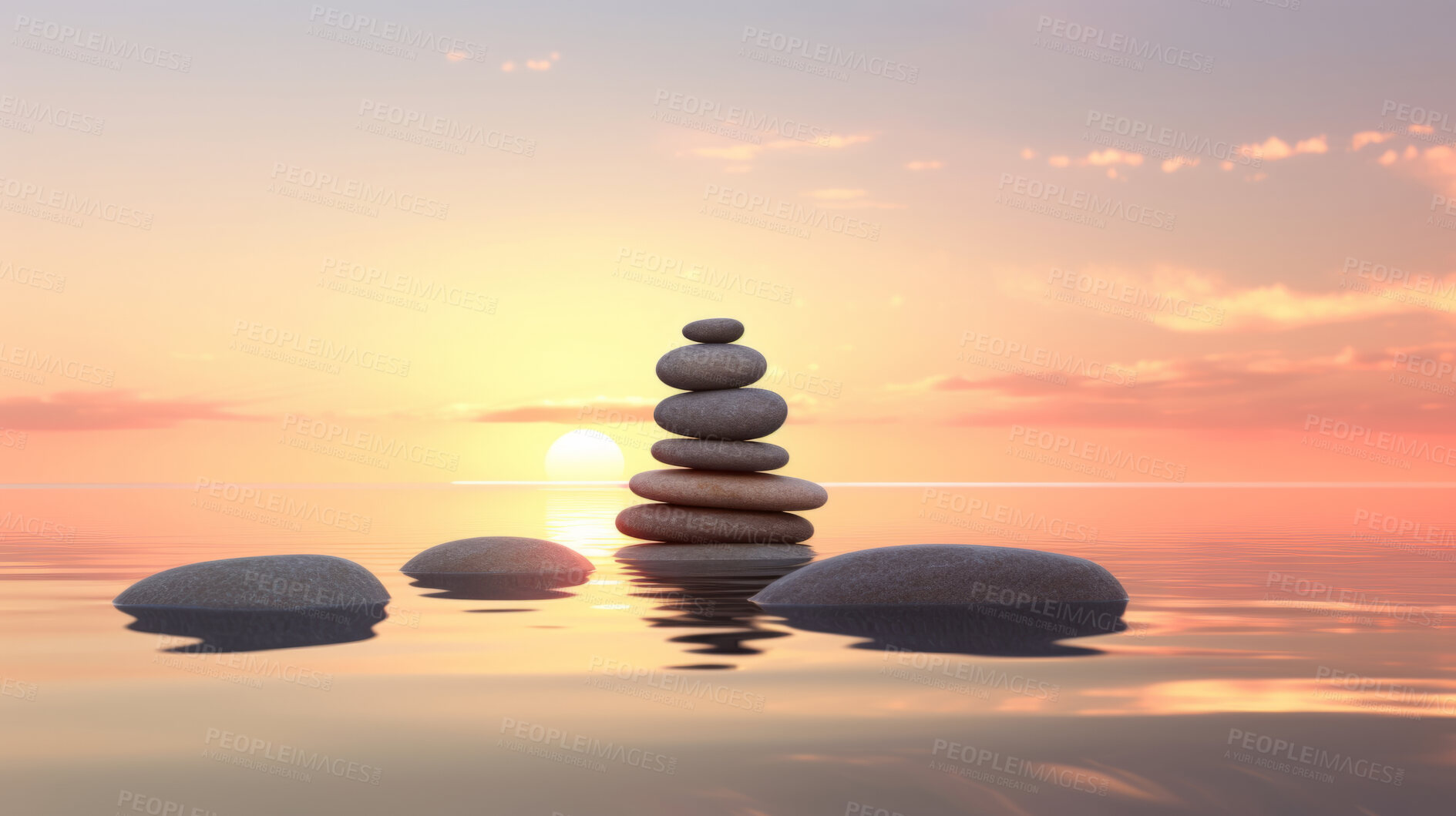 Buy stock photo Stacked zen stones, meditation and concentration for mindfulness practise and peace. Wallpaper, background and balance with copy-space for mind, body and soul. Rocks on water or ocean at sunset