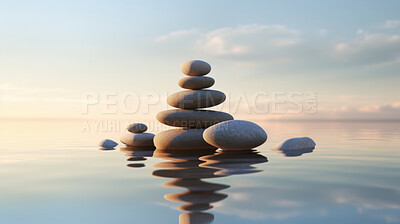 Stacked zen stones, meditation and concentration for mindfulness practise and peace. Wallpaper, background and balance with copy-space for mind, body and soul. Rocks on water or ocean at sunset