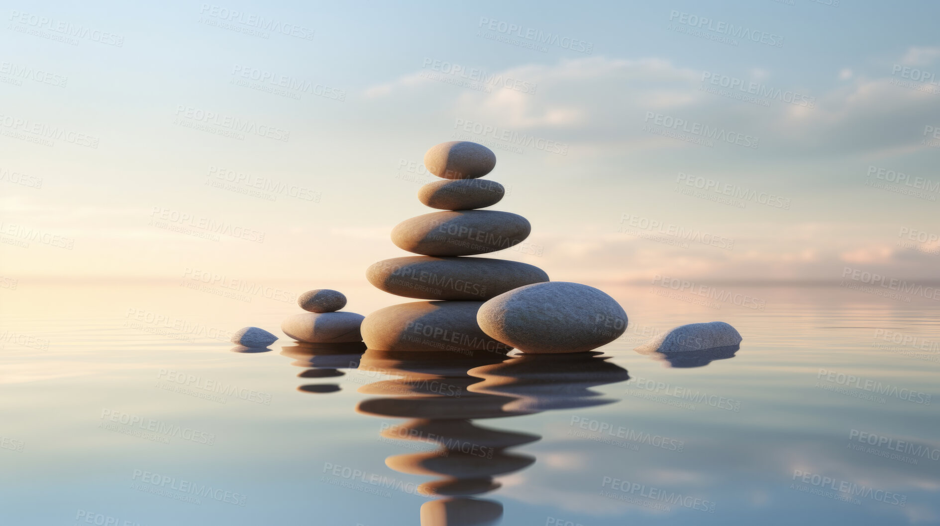 Buy stock photo Stacked zen stones, meditation and concentration for mindfulness practise and peace. Wallpaper, background and balance with copy-space for mind, body and soul. Rocks on water or ocean at sunset